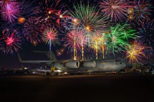 Fireworks show at the 2022 Sun N Fun Airshow in Lakeland Florida. C-17 and P51 Mustang Double Trouble Two.