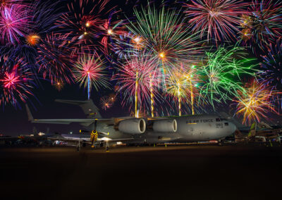 Fireworks show at the 2022 Sun N Fun Airshow in Lakeland Florida. C-17 and P51 Mustang Double Trouble Two.