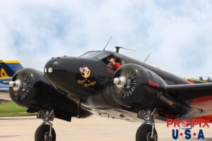 Hold on, it's gonna be a bumpy ride..! N9109R 1942 Beechcraft 18 piloted by Matt Younkin at the 2025 Brunswick Georgia airshow. Aircraft code: BE18 Airport code(s): BQK, KBQK Photo date: 5-17-2025