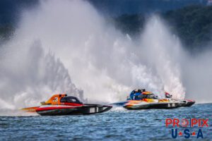APBA Grand Prix Hydroplanes #3 "Pleasure Seekers" (Driven by Jimmy King), #17 "Shockwave" (Driven by Tylor Echols) and #71 "Miss Liberty" (Driven by Andrew Tate) are seen timing the start at the 2024 Hydrofest at Lake Guntersville Alabama. These boats are powered by a 1,500 hp GM based blown engine making them capable of running up to 170mph.