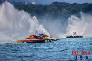 APBA Grand Prix Hydroplanes #3 "Pleasure Seekers" (Driven by Jimmy King) and #17 "Shockwave (Driven by Tylor Echols) are seen timing the start side by side at the 2024 Hydrofest at Lake Guntersville Alabama. These boats are powered by a 1,500 hp GM based blown engine making them capable of running up to 170mph.