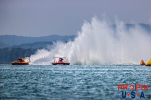 APBA Unlimited Hydroplanes #1 and #40 are racing on Lake Guntersville Alabama in the 2024 Hydrofest. The #1 boat "Beacon Electric" was driven by J. Michael Kelly. The #40 boat :Bucket List Racing" was driven by Dustin Echols. The unlimited hydroplanes are powered by 3,000+ hp tirbine engines and are capable of running at over 200 mph.