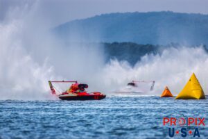 #40 Unlimited hydroplane "The Bucket List" competing at the 2024 Hydrofest at Lake Guntersville Alabama. This class of boat is powered by a 3,000+ horsepower turbine engine capable of propelling the boat to well over 200 MPH.