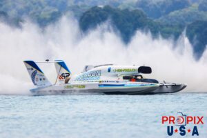 APBA Unlimited Hydroplanes are racing at Lake Guntersville Alabama in the 2024 Hydrofest. The #9 boat "Beacon Plumbing" (Driven by Corey Peabody). The unlimited hydroplanes are powered by 3,000+ hp turbine engines and are capable of running at over 200 mph.