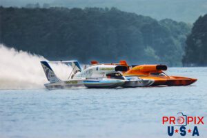 APBA Unlimited Hydroplanes are racing at Lake Guntersville Alabama in the 2024 Hydrofest. The #9 boat "Beacon Plumbing" (Driven by Corey Peabody). The #40 "Bucket List Racing" (Driven by Dustin Echols. The unlimited hydroplanes are powered by 3,000+ hp turbine engines and are capable of running at over 200 mph.