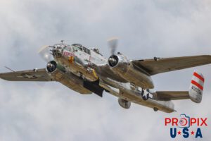 Don't hit the bomb cradle with that hammer again..! N9079Z 1944 North American B-25 Bomber "Panchito" seen here doing a low pass in front of the crowd at the 2025 Sun N Fun airshow in Lakeland Florida. Piloted by Captain Don Seiler. Aircraft code: B25 Airport Code(s): KLAL, LAL