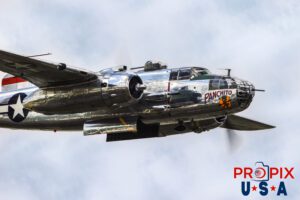 A fantastic piece of preserved American history..! N9079Z 1944 North American B-25 Bomber "Panchito" is making a low altitude pass with it bomb bay doors open at the 2025 Sun N Fun airshow in Lakeland Florida. The aircraft was being commanded by Captain Don Seiler. Aircraft code: B25 Airport Code(s): KLAL, LAL