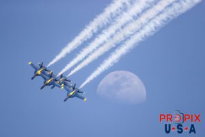 Luck: When preparation meets opportunity..! Blue Angels approaching the bottom of a loop while passing in front of the daytime visible moon at the 2025 Sun N Fun airshow in Lakeland Florida. #1 Commander Adam Bryan (Commanding Officer) #2 Commander Jack Keilty (Right Wing) #3 Major Brandon Wilkins (Left Wing) #4 Lieutenant Commander Wes Perkins (Slot) Aircraft code: F18 Airport Code(s): KLAL, LAL