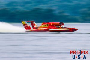 #1 "Beacon Electric" (Driven by J. Michael Kelly) is seen competing in the 2024 Hydrofest at Lake Guntersville Alabama. This class of boat is powered by a 3,000+ horsepower turbine engine capable of propelling the boat to well over 200 MPH.