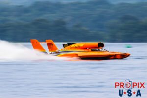 #40 Unlimited hydroplane "The Bucket List" competing at the 2024 Hydrofest at Lake Guntersville Alabama. This class of boat is powered by a 3,000+ horsepower turbine engine capable of propelling the boat to well over 200 MPH.