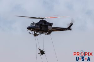 N412AD 2006 Bell Helicopter 412EP Georgia State Patrol demonstrating how NOT to repel from a helicopter at the 2025 Augusta Georgia airshow. Aircraft code: B412 Airport code(s): KAGS, AGS