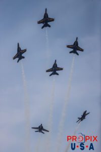The Blue Angels are performing the "Delta Head On / Opposing 360" maneuver at the 2025 Augusta Georgia airshow. #1 Commander Adam Bryan (Commanding Officer) #2 Commander Jack Keilty (Right Wing) #3 Major Brandon Wilkins (Left Wing) #4 Lieutenant Commander Wes Perkins (Slot) #5 Commander Thomas Zimmerman (Lead Solo) #6 Lieutenant Commander Connor O'Donnell (opposing Solo) Aircraft code: F18 Airport code(s): KAGS, AGS