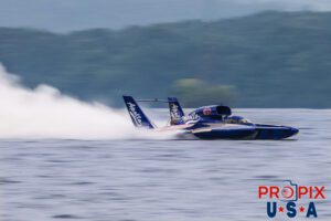 Unlimited hydroplane "Apollo" (Driven by Dave Villwock is seen competing at the 2024 Hydrofest at Lake Guntersville Alabama. This class of boat is powered by a 3,000+ horsepower turbine engine capable of propelling the boat to well over 200 MPH.