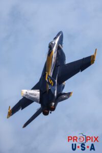 Blue Angel #5 transitioning from slow flight to higher altitude and faster flight to complete the "Section High Alpha Pass" at the 2025 Augusta Georgia airshow. #5 Commander Thomas Zimmerman (Lead Solo) Aircraft code: F18 Airport code(s): KAGS, AGS
