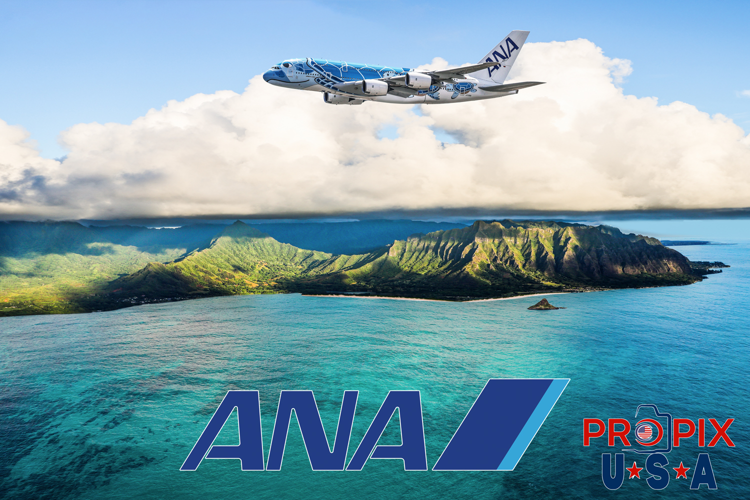 Cruisin into Paradise..! Japan's ANA airlines double decker, Airbus A380 (JA381A) passing in front of the Kualoa Mountains and Chinaman's Hat island on Oahu Hawaii's east side.