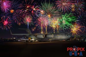 Light it up..! N51LW C-17 LAL 4-9-2022. Fireworks display at the 2022 Sun N Fun airshow in Lakeland Florida. The primary two aircraft in this photo consists of a C-17 Globemaster and the "Little Witch" P-51 Mustang. N51LW 1962 P-51 Mustang C-17 00183 Aircraft code(s): P51, C17 Airport code(s): LAL, KLAL Photo date: 4-9-2022