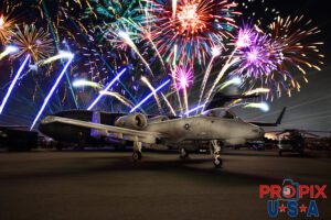 2025 SNF Fireworks 1. A-10 Warthog in the foreground with the fireworks show happening behind it, from the 2025 Sun N Fun airshow in Lakeland Florida. Aircraft Code: A10 Airport code(s): KLAL, LAL