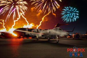 2025 SNF Fireworks 2. A-10 Warthog in the foreground, as a fireball was detonated in conjunction with the fireworks at the 2025 Sun N Fun airshow in Lakeland Florida. Aircraft code: A10 Airport code(s): KLAL, LAL