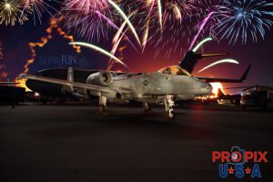 2025 SNF Fireworks 3. An A-10 Warthog is on display in front of the fuel based pyrotechnics that were detonated during the fireworks show at the 2025 Sun N Fun airshow in Lakeland Florida. Aircraft code: A10 Airport code(s): KLAL, LAL