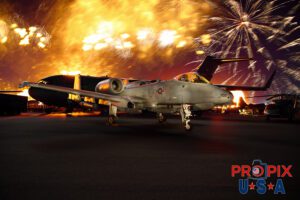2025 SNF Fireworks 4. Flammable pyrotechnics capped off the fireworks show at the 2025 Sun N Fun airshow in Lakeland Florida. The A-10 Warthog created a beautiful centerpiece for the show to reflect off of. Aircraft code: A10 Airport code(s) KLAL, LAL