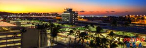 Stunning view of Honolulu airport, the city and Diamondhead at sunrise. A wide angle view of the Honolulu International airport as another dramatic sunrise rises from the East.
