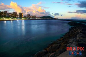 Ala Moana Beach Park & Diamondhead at Sunrise on the island of Oahu Hawaii.