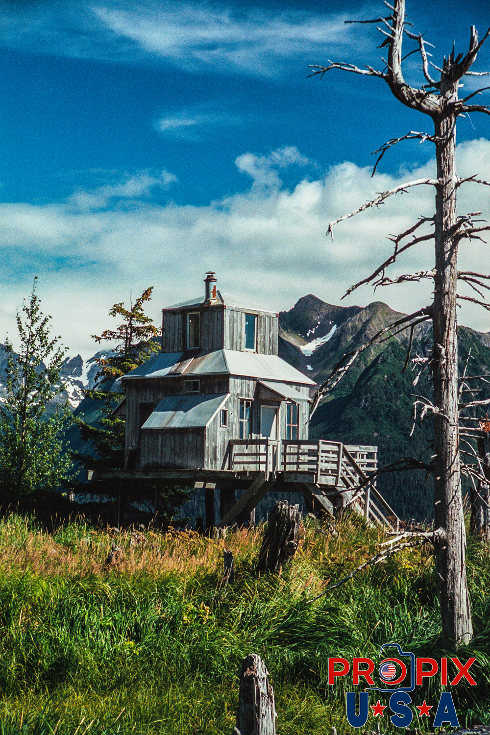 Weathered house near the ocean in Alaska.