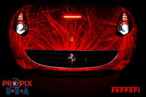 Lasers all over a Ferrari's nose.. Ferrari front end lasers studio shoot.