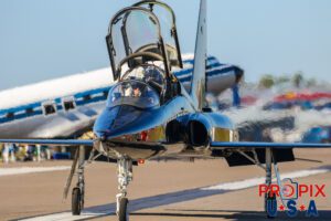 T-38 early Sunday morning heading for departure at 2017 Sun N Fun airshow in Lakeland Florida. This photo was taken in the path of the oncoming plane. The pilot was clearly watching the daring upcoming obstruction. Aircraft Code T38.