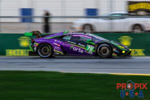 Bull in a China shop..! The #78 GTD Lamborghini is seen here rapidly approaching the braking zone for the international Horseshoe at Daytona speedway during the 2024 Rolex 24.
