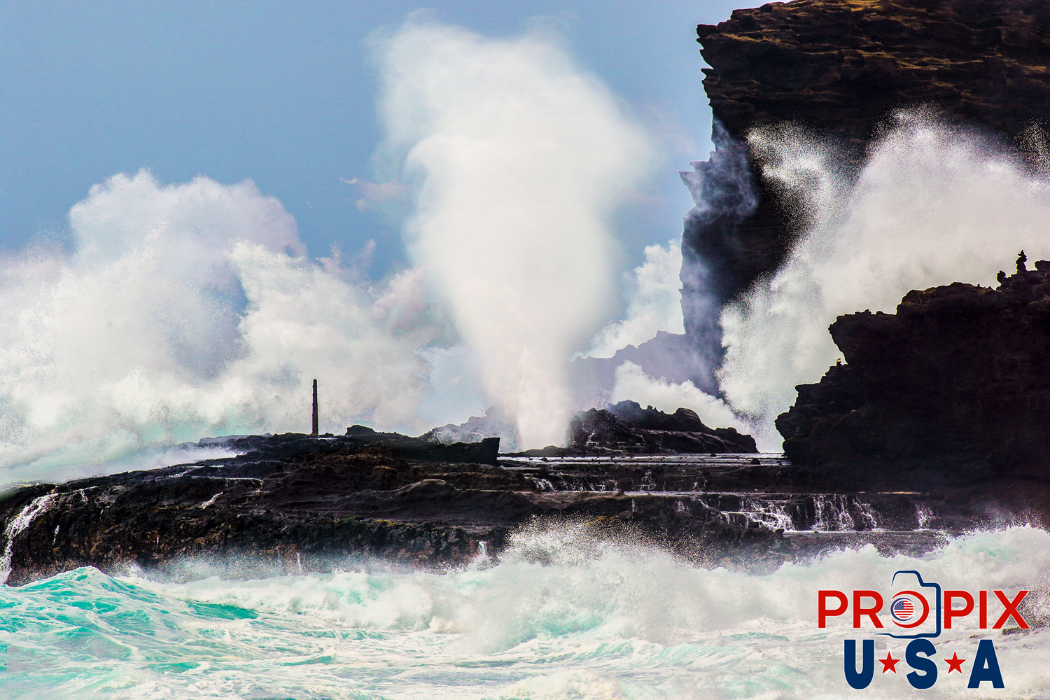 Halona blowhole on Oahu Hawaii as hurricane Lane passes nearby in August 2018. While missing the islands the hurricane did make many beautiful sites like this.