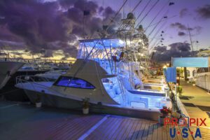 Sport Fishing boats docked at sunrise.