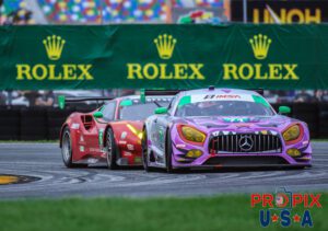 A new dance move... It's called "The Ferrari Nudge"..! Just a little aggressiveness on the part of the Ferrari, as it's letting the Mercedes know that it needs to get out of the way. This is from the early morning hours of the 2018 Rolex 25 hours at Daytona.