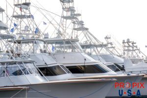 Sport fishing boats docked at a marina.