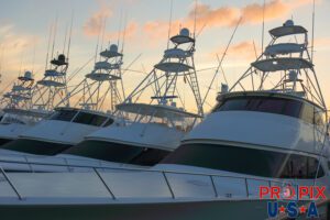 A row of sport fishing boats docked at sunrise.