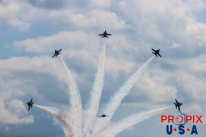 The Blue Angels perform the "Delta Break Head on" at the 2025 Smyrna Tennessee air show. #1 Commander Adam Bryan (Commanding Officer) Photo top center #2 Commander Jack Keilty (Right Wing) Photo left center #3 Major Brandon Wilkins (Left Wing) Photo Right center #4 Lieutenant Commander Wes Perkins (Slot) Photo bottom center #5 Commander Thomas Zimmerman (Lead Solo) Photo far right #6 Lieutenant Commander Connor O'Donnell (opposing Solo) Photo far left Aircraft code: F18 Airport code(s): MQY, KMQY Photo date: 6-8-2025