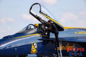 Commander Bryan and Petty Officer and Crew Chief Chelsea Kendrickhave a last minute conversation prior to the team heading home after performing at the 2025 Smyrna Tennesee air show. #1 Commander Adam Bryan (Commanding Officer) Aircraft code: F18 Airport code(s): MQY, KMQY Photo date: 6-8-2025