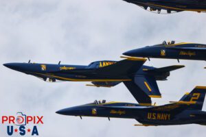 The four Amigos. Blue Angels performing the "Double Farvel" at the 2025 Brunswick Georgia air show. #1 Commander Adam Bryan (Commanding Officer) #2 Commander Jack Keilty (Right Wing) #3 Major Brandon Wilkins (Left Wing) #4 Lieutenant Commander Wes Perkins (Slot) Aircraft code: F18 Airport code(s): BQK, KBQK Photo date: 5-17-2025