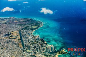 Aerial view of Oahu Hawaii from Ala Moana Park to Waikiki and Diamondhead