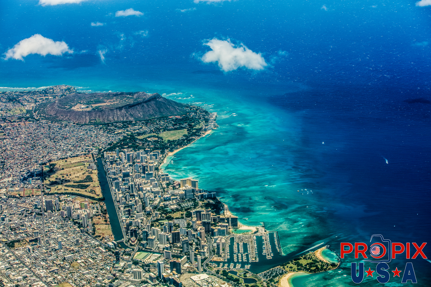Aerial view of Oahu Hawaii from Ala Moana Park to Waikiki and Diamondhead
