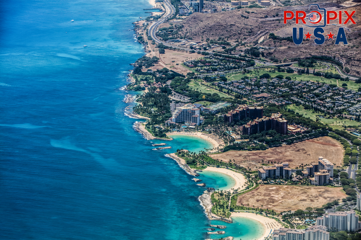Aerial view of the resorts of West Oahu Hawaii.