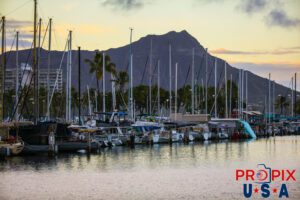 Hawaii Yacht Club with Diamondhead in the background.