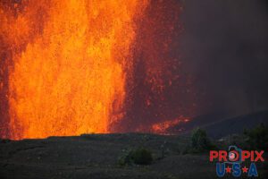 Kilauea volcano eruption on the big island of Hawaii on June 29th, 2025. On the right hand side of this photo, you can see the molten rock hitting the ground and still glowing red as it's still a malleable solid. The sound of the volcano erupting was similar to that of a jet engine and the heat was like you had just opened the oven door.