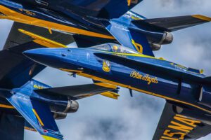 U.S. Navy Blue Angels flight demonstration team performing the "Double Farvel". An extremely tight formation where two aircraft we right side up and two were inverted. Aircraft code: F18 Airport code(s): RMG, KRMG Rome Georgia Photo date: 10-21-2017