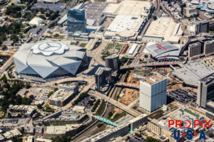 Aerial photo of Atlanta Georgia Mercedes Benz Stadium, State Farm Arena area and the Georgia World Congress Center Convention Hall. Photo date: 4-14-2025