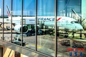 F-HTYE Air France Airbus A-350-900 "Bordeaux" at CDG airport Paris France. Reflection photo. Aircraft code: A350 Airport code(s): CDG, LFPG Registration country: France Photo date: 6-13-2025
