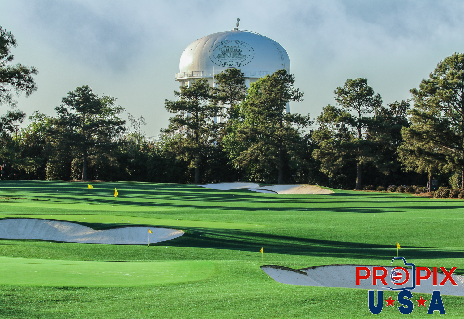 Practice range and water tower at Augusta National golf club site of the Masters tournament. Photo date: 4-4-2017