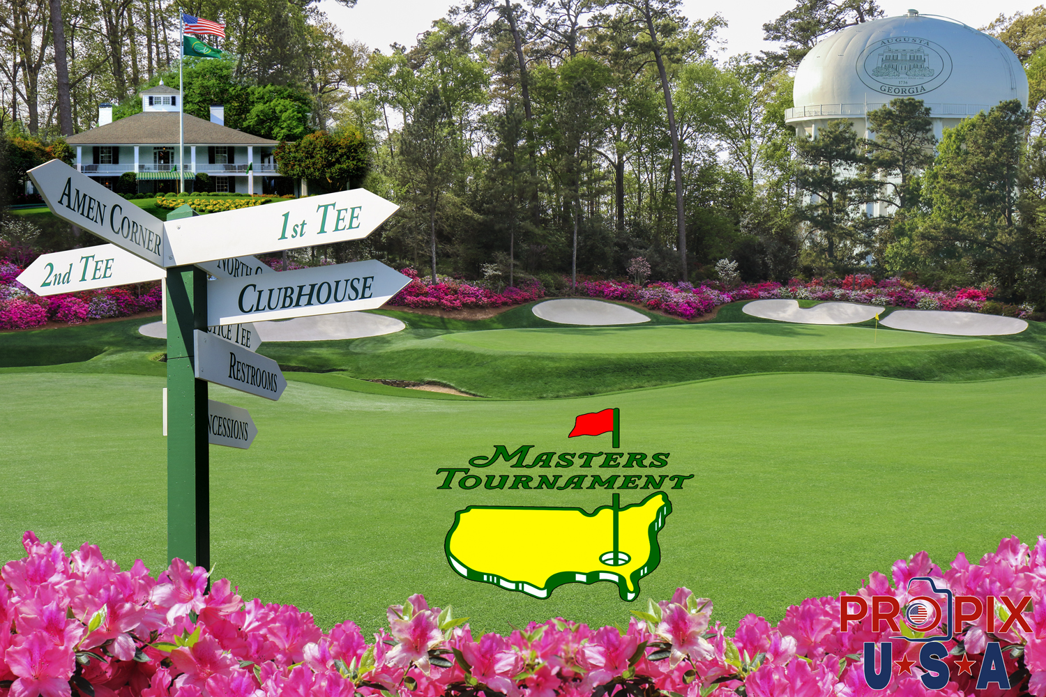 Masters Tournament Collage Augusta National golf course Georgia. Sign, amen corner water tower Butler cabin clubhouse golf course azaleas