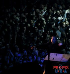 Bruce Dickinson of Iron Maiden working the crowd during The Book of Souls World Tour.