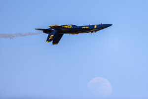 Blue Angels 2026 #6 Maj. Scott Laux (Opposing Solo) Performing the Inverted to Inverted Roll While Passing in front of the moon Boeing FA-18 Super Hornet Naval Air Station Meridian Mississippi Airport code(s) NMM, KNMM Photo Date: 3-28-2026